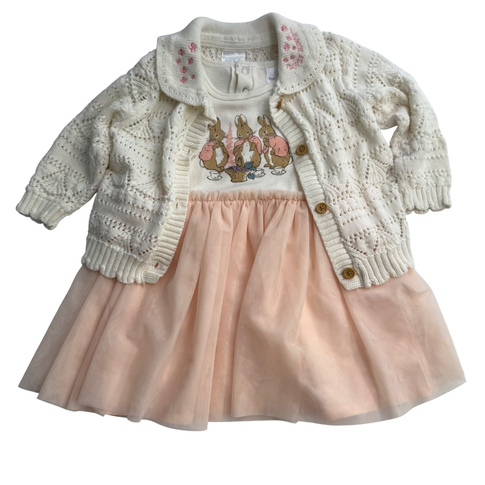 Peter Rabbit Girls 2 Piece Dress Knit Cardigan Bunny Set Pink Tulle 18 months